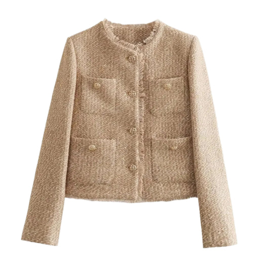 Gold Camel O-neck Tweed Short Coat Women | Long Sleeve Jacket with Pockets