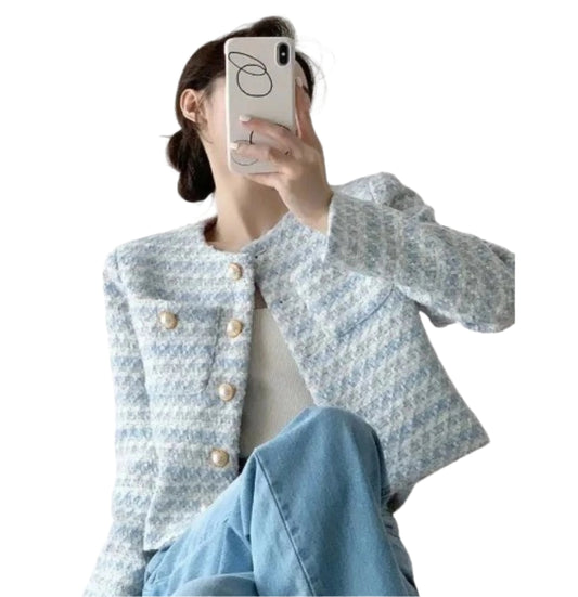 Women Elegant Tweed Jacket with Pocket | Vintage Tweed Short Coat | Loose Cardigan