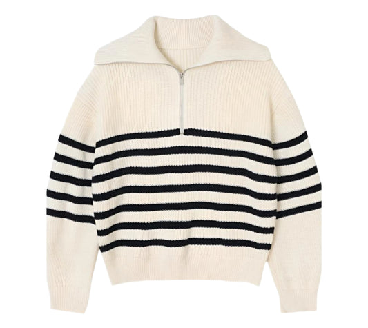 Women Classic Quarter Zip Pullover | Striped Turtleneck Sweater