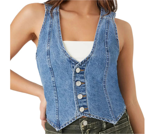 Women Vintage V Neck Button-Down Denim Vest | Retro Cowgirl Crop Jean Corset Top