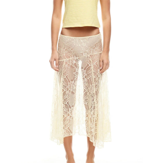 Women Midi Skirt | Lace Floral | Low Waist Skirt | Summer Casual See Through Skirt