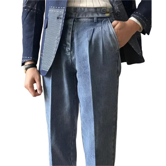 Men Naples Denim Trousers | Washed Denim Pants | Slim Fit Draped Straight Jeans