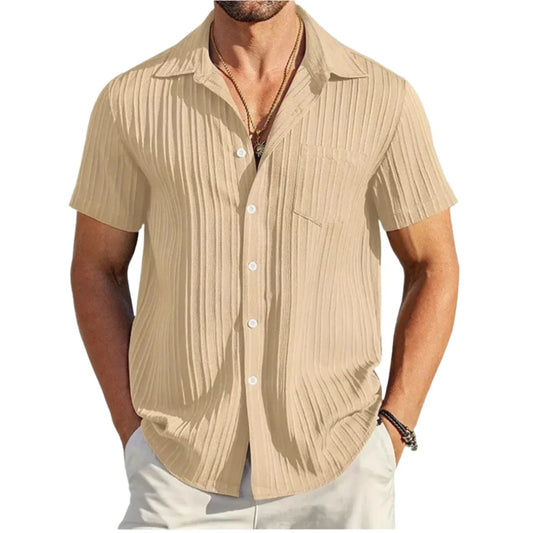Men Short-Sleeved Cotton Summer Shirt | Casual Beach Button Down Shirt | Solid Color