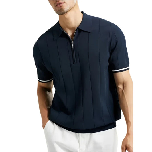 Men Summer Lapel Zipper Polo Top | Business Casual | Vertical Lines Solid Color Polo