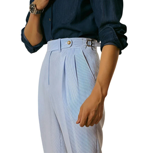 Men Classic Striped High Waist Suit Pants | Pleated Slim Pants