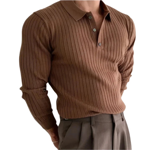Men's Long Sleeve Knit Polo Shirt | Ribbed Solid Color Polo Shirt | Knitted Casual Button Pullovers