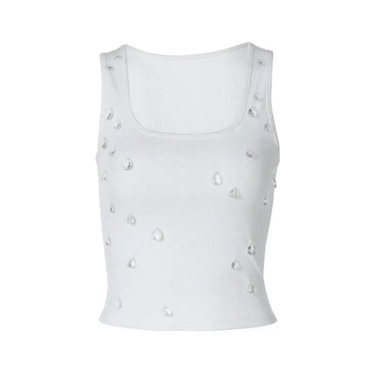 Women Summer Bling Beading Tank Top | Sleeveless Short Cami Tee