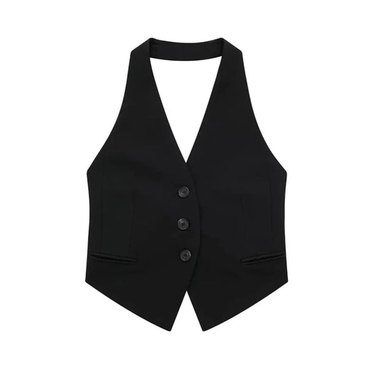 Women Chic Sleeveless Button-Up Vest Top | Backless Halter Neck Waistcoat