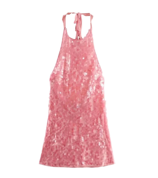 Women Sequin Halter Party Dress | Pink Slim Sleeveless Backless Mini Dress
