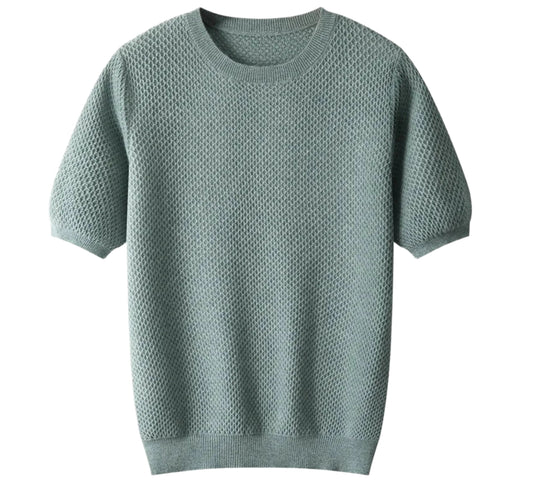Men Short Sleeves Wool Sweater | Wool Solid Color T-Neck Pullover
