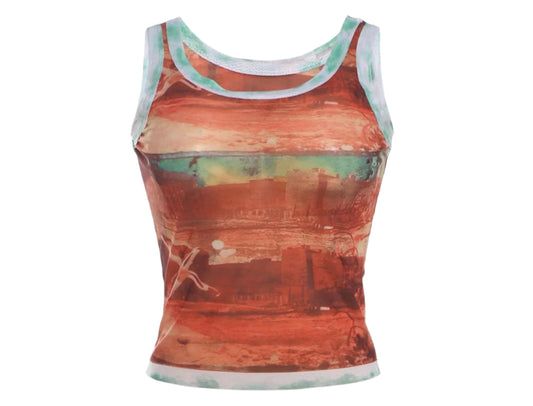 Women Summer Mesh Tank Top | Vintage Print | Crop Top | Tee
