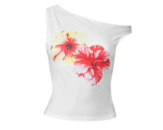Women One Shoulder Backless Tank Top | Floral Printed Sleeveless Crop Top | Summer Graphic Top