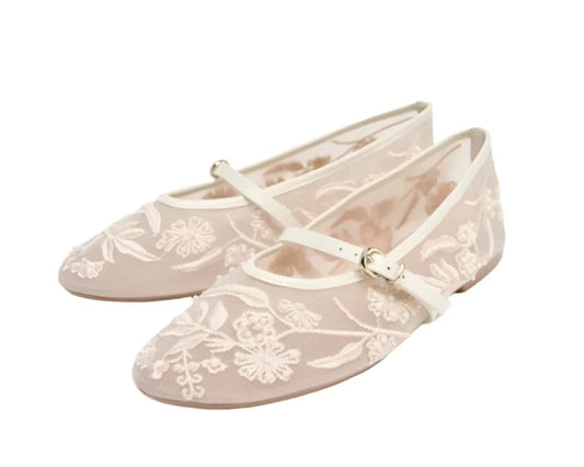 Women Embroidered Pearl Mesh Ballet Flats | Round Toe Flat Sandals | Belt Buckle Mary Jane Shoes