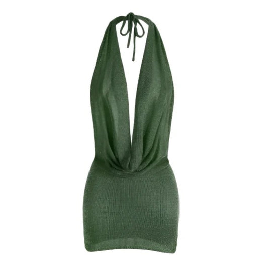 Women Stacked V Neck Knit Mini Dress | Summer Party Dress | Backless | Sleeveless | Holiday