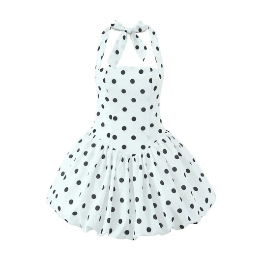 Women Polka Dot Vacation Mini Dress | High Waist | Ball Gown Dress | Sleeveless | Halter Neck
