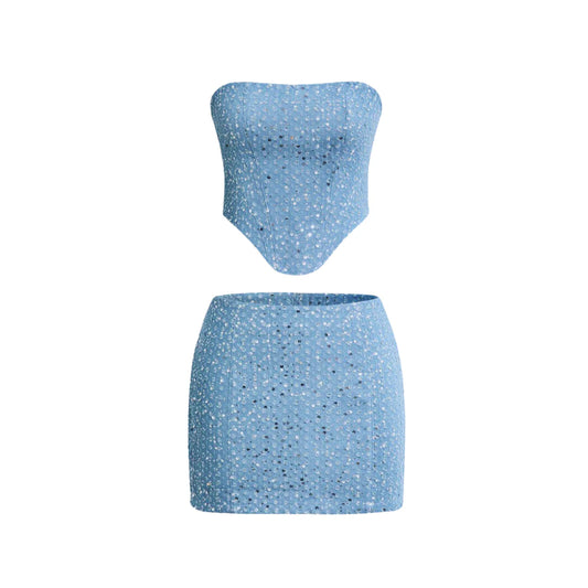 Women Blue Sequined Denim 2 Piece Set | Strapless Top | Mini Skirt | Summer Nightclub Outfit