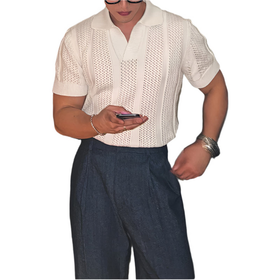 Men Knitted Polo Shirt | Hollow Out Knit | Short Sleeve Mesh Polo