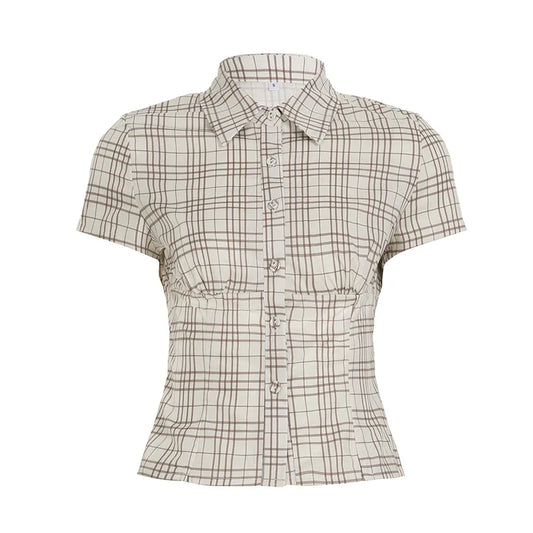 Women Short Sleeve Plaid Button Down Shirt | Button Down Blouse | Fitted Top