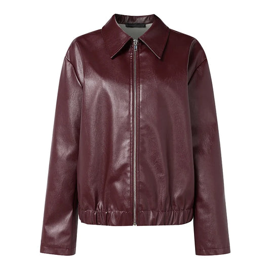 Women Burgundy Leather Zipper Jacket