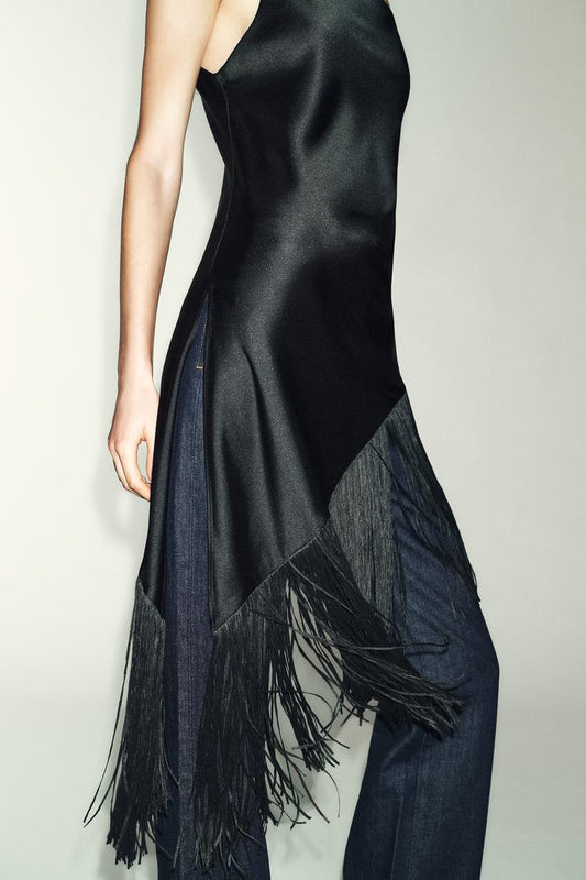 Women Long Satin Top | Fringe | Tassel | Sleeveless Top