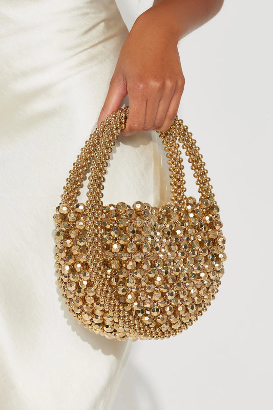 Women Hollow Hand-Made Metal Gold Beads Woven Handbag | Pearl Bag | Round Handbag