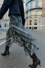 Women Blue Plaid Pleated Skirt | Asymmetrical Hem | High Waist | Long Skirt | Y2k