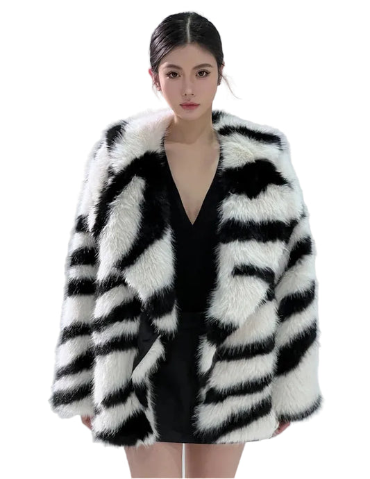Women Zebra Print Faux Fur Coat | Oversized Fluffy Striped Jacket
