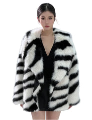 Women Zebra Print Faux Fur Coat | Oversized Fluffy Striped Jacket