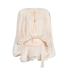 Women Flowy Mini Dress | V Neck | Long Sleeve | Spliced | Lace Up | Blouse Dress