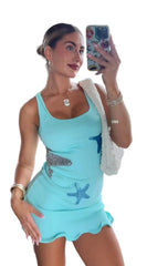 Women Star Fish Beach Holiday Dress | Sleeveless | Star Printed Mini Dress