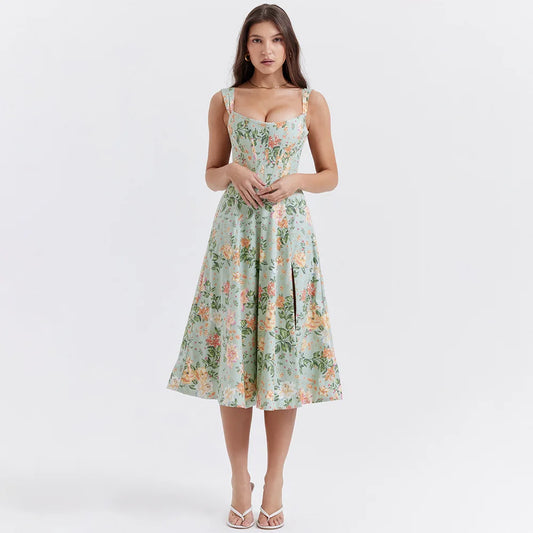 Women Floral Print Long Dress | Corset Dress | Casual Party Dress