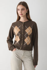 Women Diamond Plaid Round Neck Cardigan | Knitted Sweater | Autumn