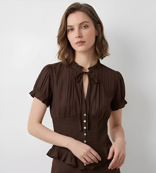 Women Lace Up Bow Top | Short Sleeve Top | Pleated Blouse