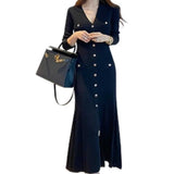 Women Black Mermaid Maxi Dress | Long Sleeve V-neck Elegant Vestidos