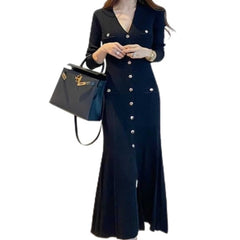Women Black Mermaid Maxi Dress | Long Sleeve V-Neck Party Dress