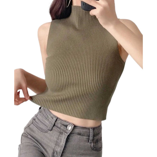 Women Knitted High Neck Top | Classic Ribbed Sleeveless Knit Top | Chic Vest Top