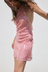 Women Sequin Halter Party Dress | Pink Slim Sleeveless Backless Mini Dress