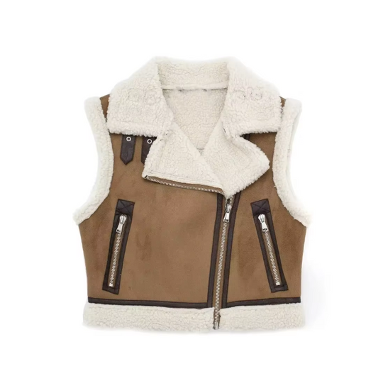 Women Short Thick Leather Zip Waistcoat | Lambswool Patchwork Sleeveless Casual Vest