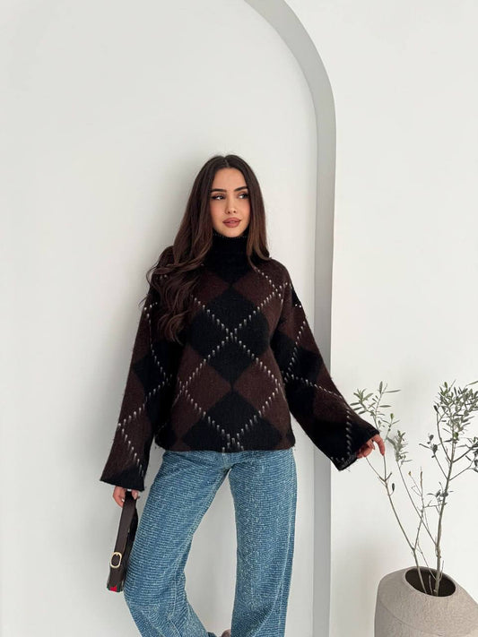Women Printed Turtleneck Sweater | Set | Long Sleeve | Loose | Thick Knit Pullover | Mini Skirt | Fluffy