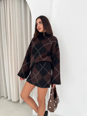 Women Printed Turtleneck Sweater | Set | Long Sleeve | Loose | Thick Knit Pullover | Mini Skirt | Fluffy