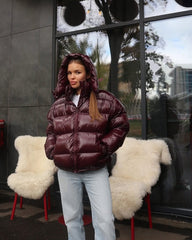 Women Glossy Zipper Hooded Jacket | Windbreaker | Pleated | Short Jacket | Cotton