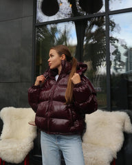 Women Glossy Zipper Hooded Jacket | Windbreaker | Pleated | Short Jacket | Cotton