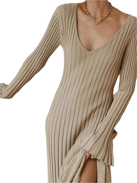 Women Knit Dress | Winter Pleated Maxi Dress | Long Sleeve V Neck Casual Knitted Dress