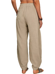 Women Loose Cotton Pants with Pockets | Elastic Waist Beach Trousers | Wide Leg Harem Pants