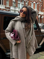 Women Winter Loose Knitted Coat with Scarf | Straight Cut | Long Sleeves | Warm Cardigan