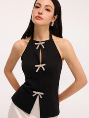 Women Vest Top with Rhinestone Bows | Women Sleeveless Sling Top