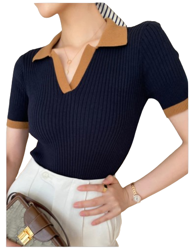 Women Short Sleeve Polo Shirt | Cropped Slim Knitted Polo Shirt