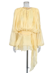 Women Flowy Mini Dress | V Neck | Long Sleeve | Spliced | Lace Up | Blouse Dress