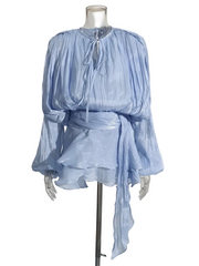 Women Flowy Mini Dress | V Neck | Long Sleeve | Spliced | Lace Up | Blouse Dress
