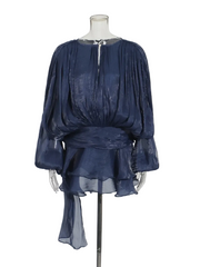 Women Flowy Mini Dress | V Neck | Long Sleeve | Spliced | Lace Up | Blouse Dress